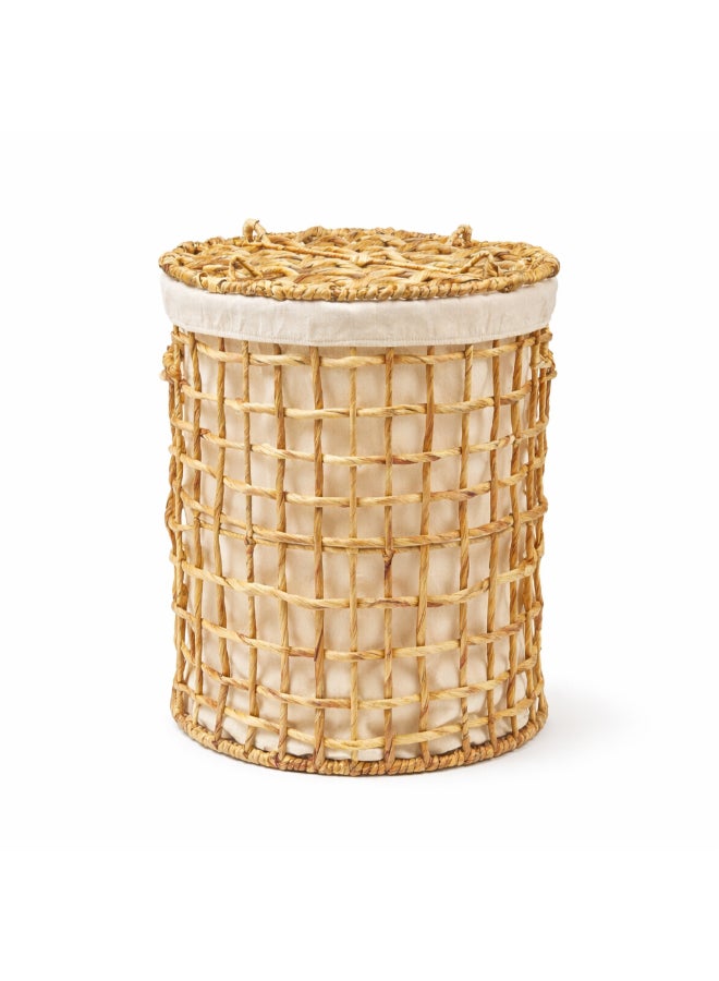 Homesmiths Natural Water Hyacinth Laundry Hamper, Round 38 cm Dia x 47 cm H Woven Clothes Basket with Lid, Breathable Eco-Friendly Fabric Storage for Towels, Linen & Laundry - Image 1