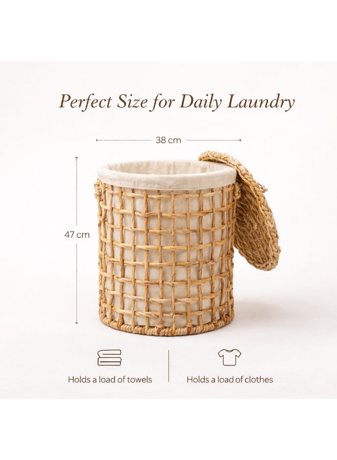 Homesmiths Natural Water Hyacinth Laundry Hamper, Round 38 cm Dia x 47 cm H Woven Clothes Basket with Lid, Breathable Eco-Friendly Fabric Storage for Towels, Linen & Laundry - Image 2