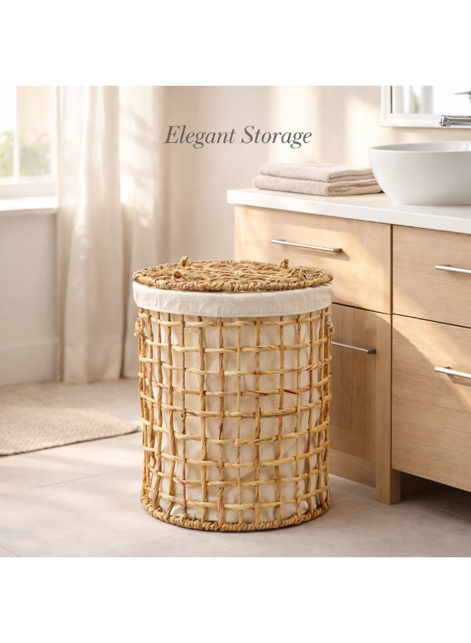 Homesmiths Natural Water Hyacinth Laundry Hamper, Round 38 cm Dia x 47 cm H Woven Clothes Basket with Lid, Breathable Eco-Friendly Fabric Storage for Towels, Linen & Laundry - Image 4