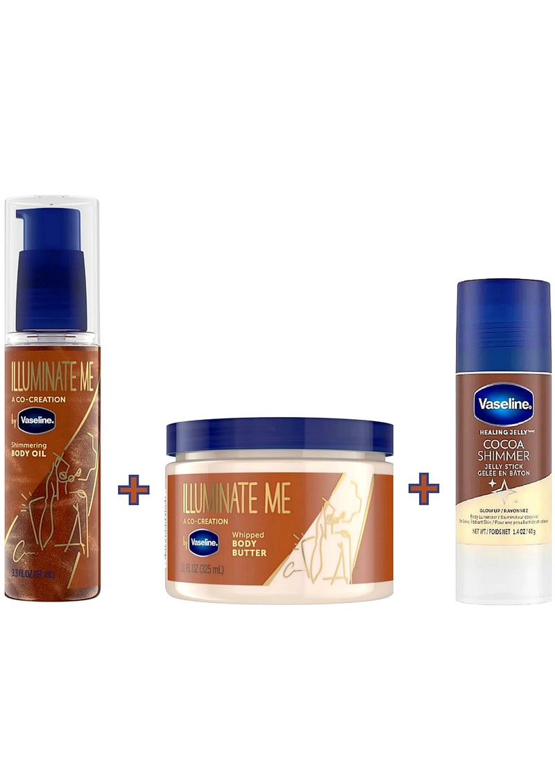 Illuminate Me Complete Glow set includes (Whipped Butter& Shimmering Oil& and Cocoa Shimmer Jelly Stick).