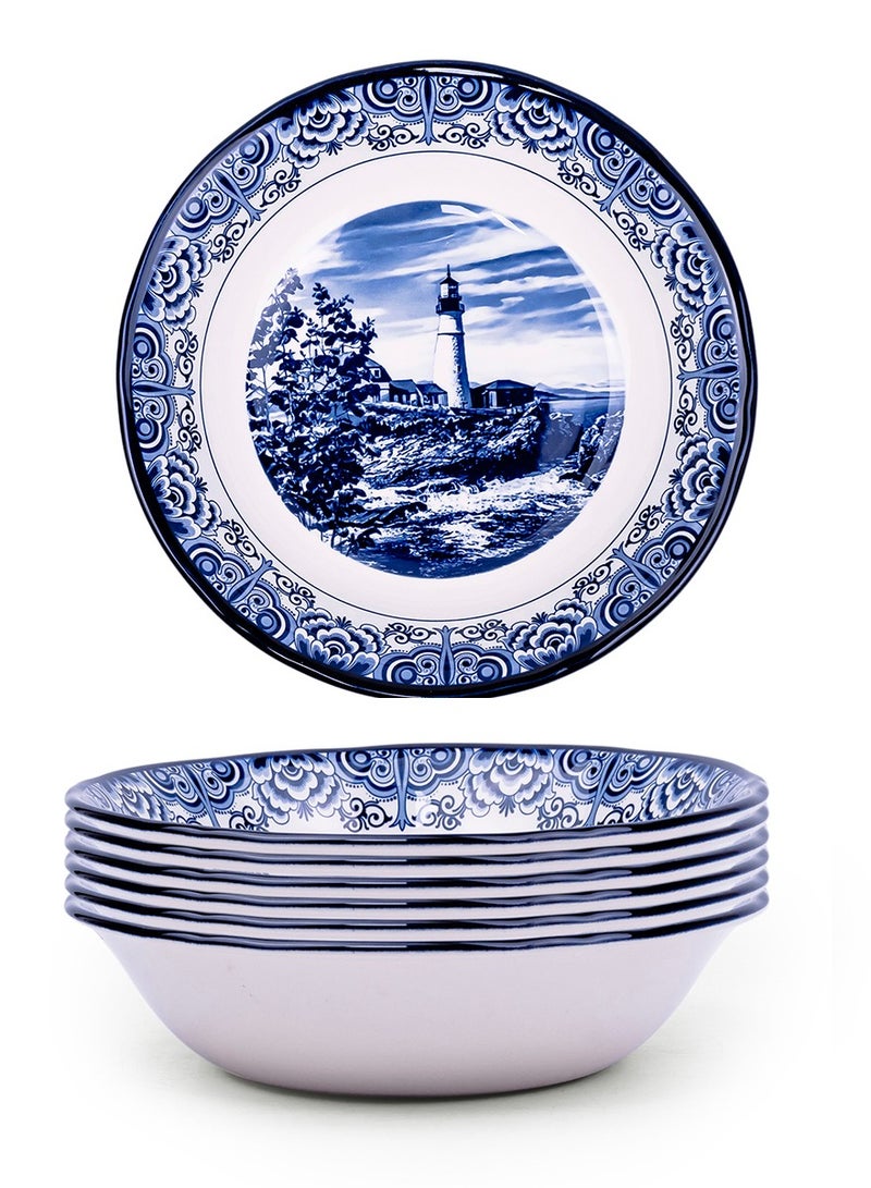 Claytan Lighthouse Blue Pattern 9-Inch Ceramic Salad Bowl (White, Set of 6) - Image 2