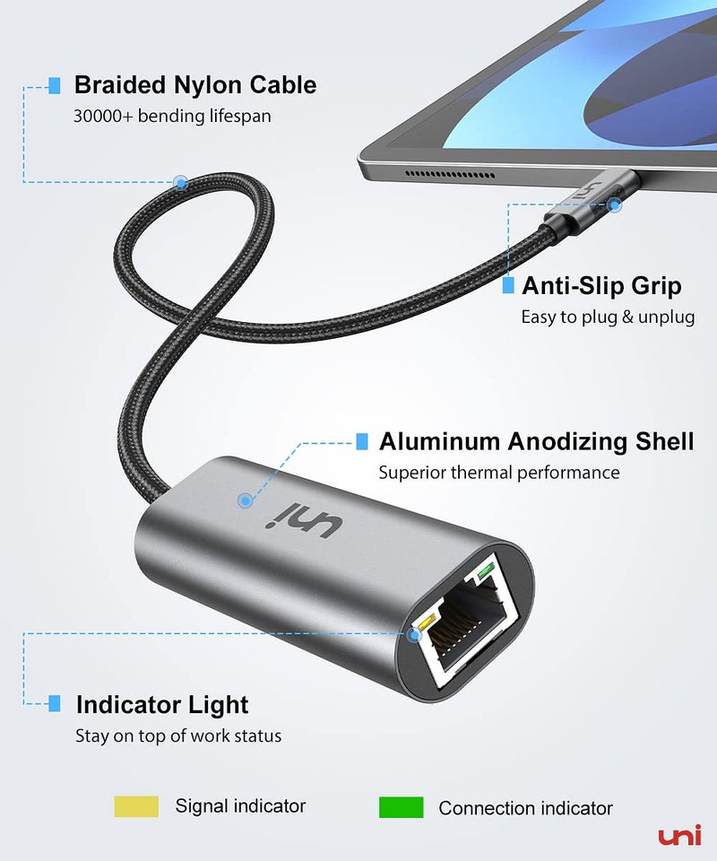 uni USB-C to Ethernet Adapter 2.5 Gbps, Blazing Fast Type-C(Thunderbolt 4/3 Compatible) to RJ45 Adapter, Sturdy Aluminum Gigabit Network Adapter, for MacBook Pro/Air 2023, Laptops, PC, NAS, etc. - Image 4
