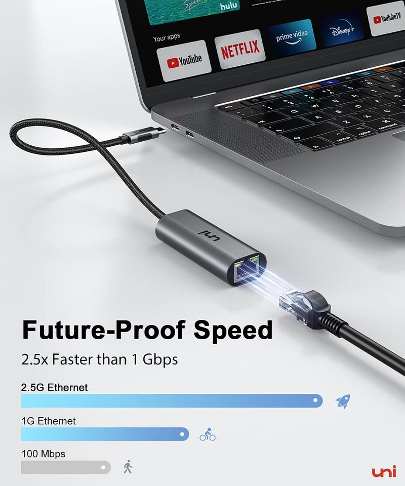uni USB-C to Ethernet Adapter 2.5 Gbps, Blazing Fast Type-C(Thunderbolt 4/3 Compatible) to RJ45 Adapter, Sturdy Aluminum Gigabit Network Adapter, for MacBook Pro/Air 2023, Laptops, PC, NAS, etc. - Image 2