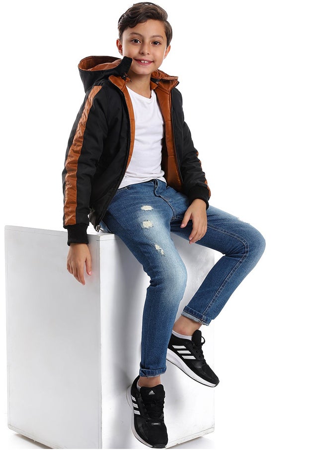 Andora Zipper Closure Double Face Printed & Waterproof Boys Jacket _ Cramel Brown & Black  - Image 1