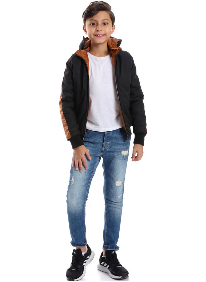 Andora Zipper Closure Double Face Printed & Waterproof Boys Jacket _ Cramel Brown & Black  - Image 2