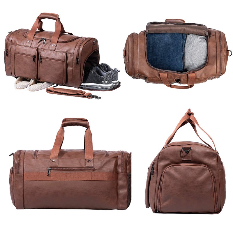 seyfocnia Leather Travel Bag with Shoe Pouch,Weekender Overnight Bag Waterproof Carry Bag  - Image 2