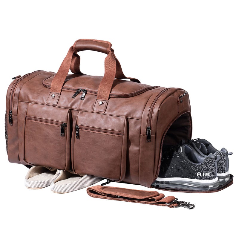 seyfocnia Leather Travel Bag with Shoe Pouch,Weekender Overnight Bag Waterproof Carry Bag  - Image 1