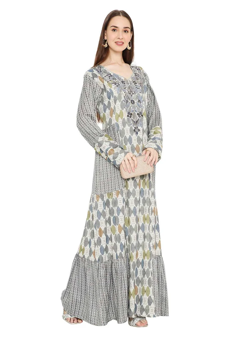 هانا آند سارا LONG UNIQUE PRINTED WITH STONE WORK ON THREAD EMBROIDERY ARABIC KAFTAN JALABIYA DRESS