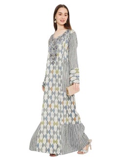 HANA & SARA LONG UNIQUE PRINTED WITH STONE WORK ON THREAD EMBROIDERY ARABIC KAFTAN JALABIYA DRESS  - Image 4