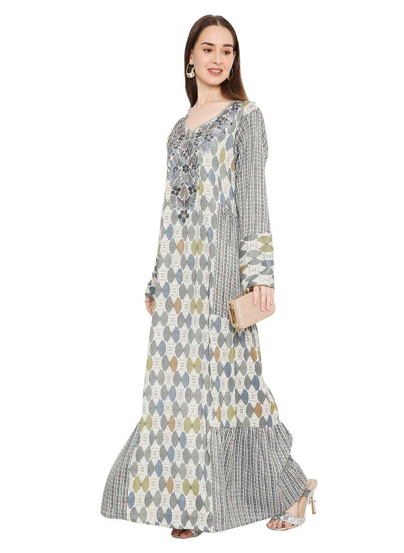 HANA & SARA - LONG UNIQUE PRINTED WITH STONE WORK ON THREAD EMBROIDERY ARABIC KAFTAN JALABIYA DRESS - Image 1