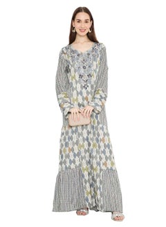 HANA & SARA LONG UNIQUE PRINTED WITH STONE WORK ON THREAD EMBROIDERY ARABIC KAFTAN JALABIYA DRESS  - Image 5
