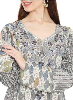 HANA & SARA LONG UNIQUE PRINTED WITH STONE WORK ON THREAD EMBROIDERY ARABIC KAFTAN JALABIYA DRESS  - Image 3