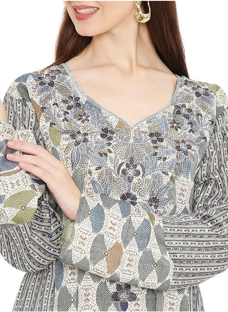 HANA & SARA - LONG UNIQUE PRINTED WITH STONE WORK ON THREAD EMBROIDERY ARABIC KAFTAN JALABIYA DRESS - Image 1