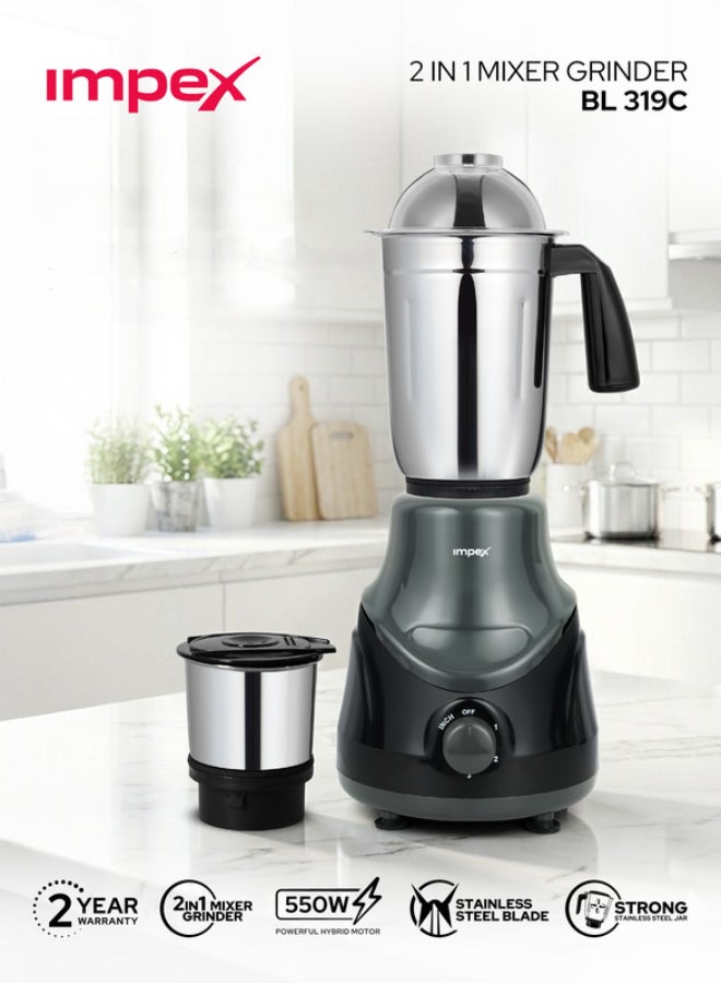 2-in-1 Blender Mixer Grinder 550W – Powerful Motor, 3 Speed + Pulse, Stainless Steel Jars & Blades, Overload Protection, Multipurpose Kitchen Appliance 550 W BL 319C Black