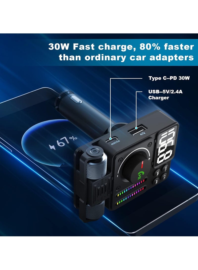 Mi VAZA Bluetooth 5.3 Car FM Transmitter, PD 30W Type C Fast Charge And USB Port Bluetooth Car Adapter, Strong And Durable HIFI Treble And Bass Player With Color Screen & Music Light Bar  - Image 4