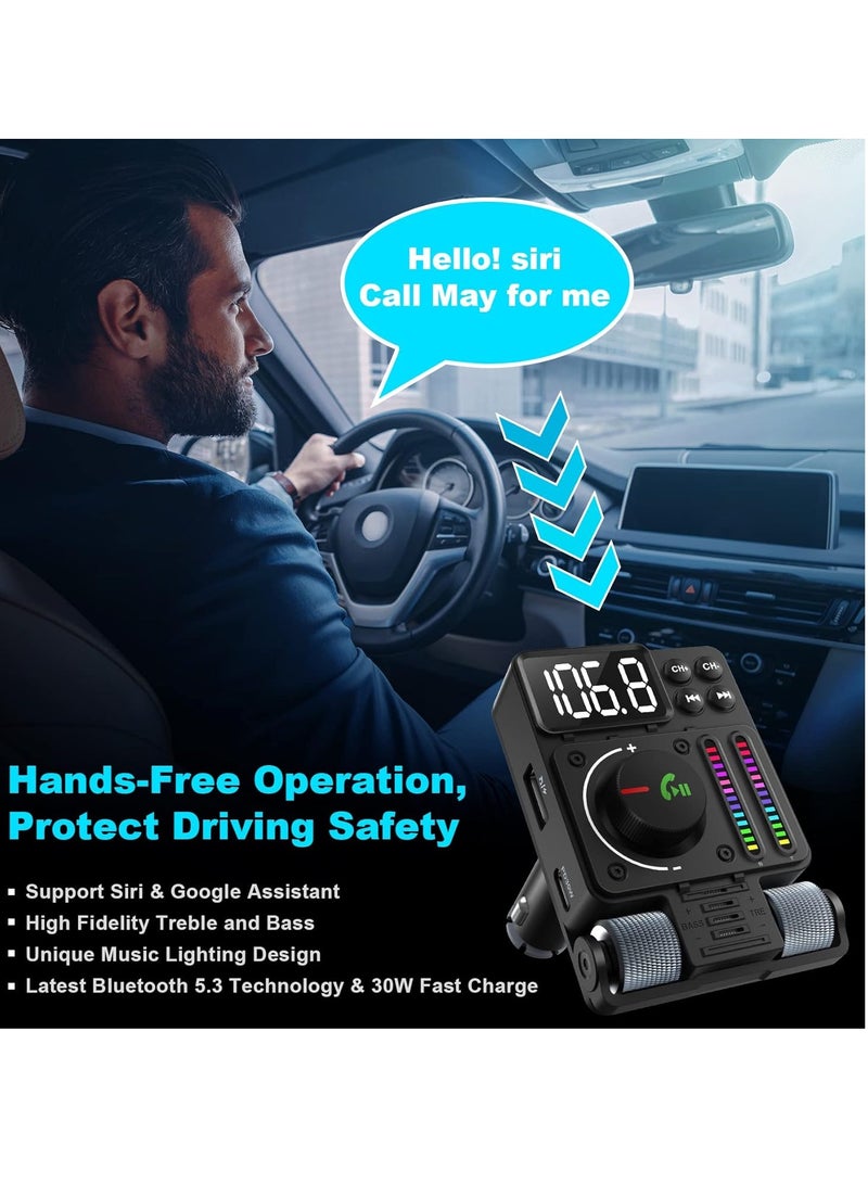 Mi VAZA Bluetooth 5.3 Car FM Transmitter, PD 30W Type C Fast Charge And USB Port Bluetooth Car Adapter, Strong And Durable HIFI Treble And Bass Player With Color Screen & Music Light Bar  - Image 5