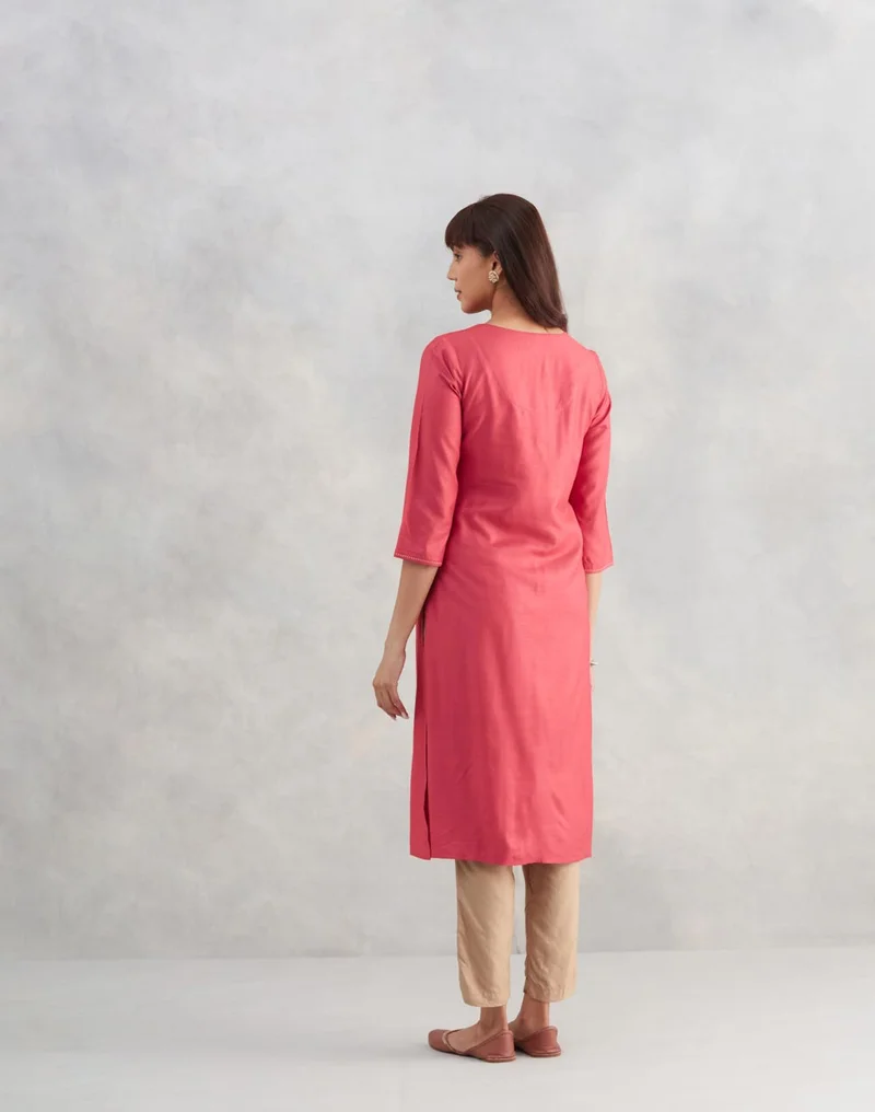 Fabindia Pink Viscose Silk Embroidered Slim Fit Long Kurta