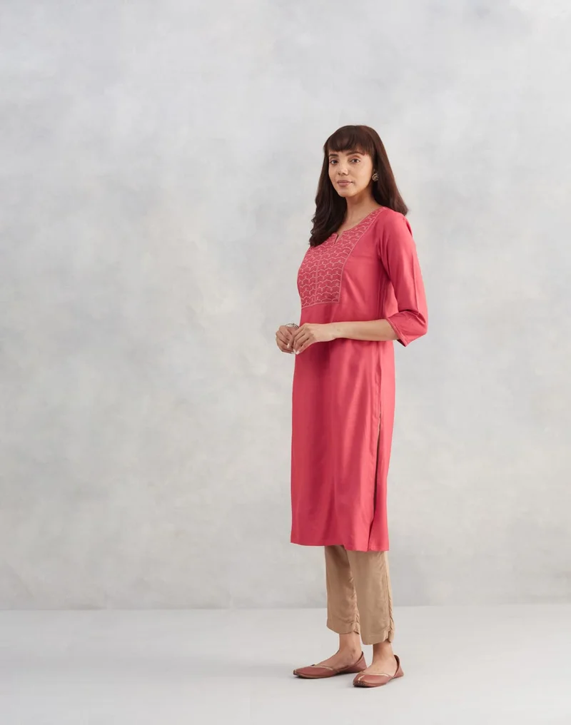 Fabindia Pink Viscose Silk Embroidered Slim Fit Long Kurta