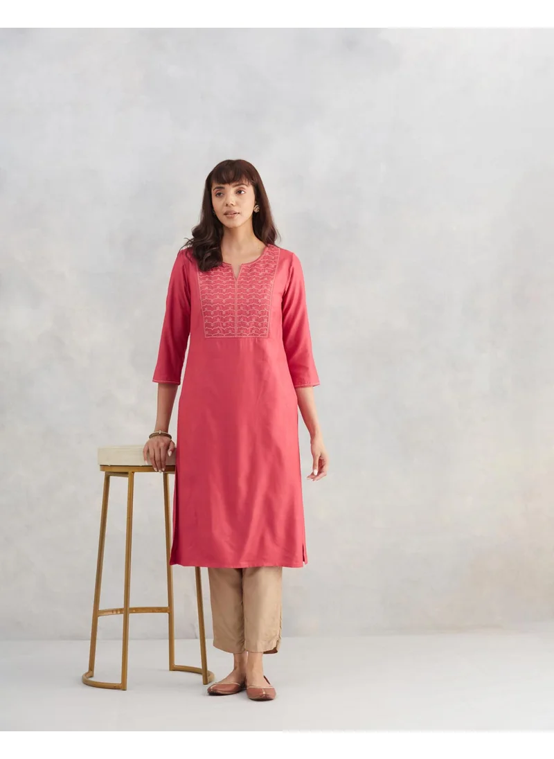 فاب انديا Pink Viscose Silk Embroidered Slim Fit Long Kurta