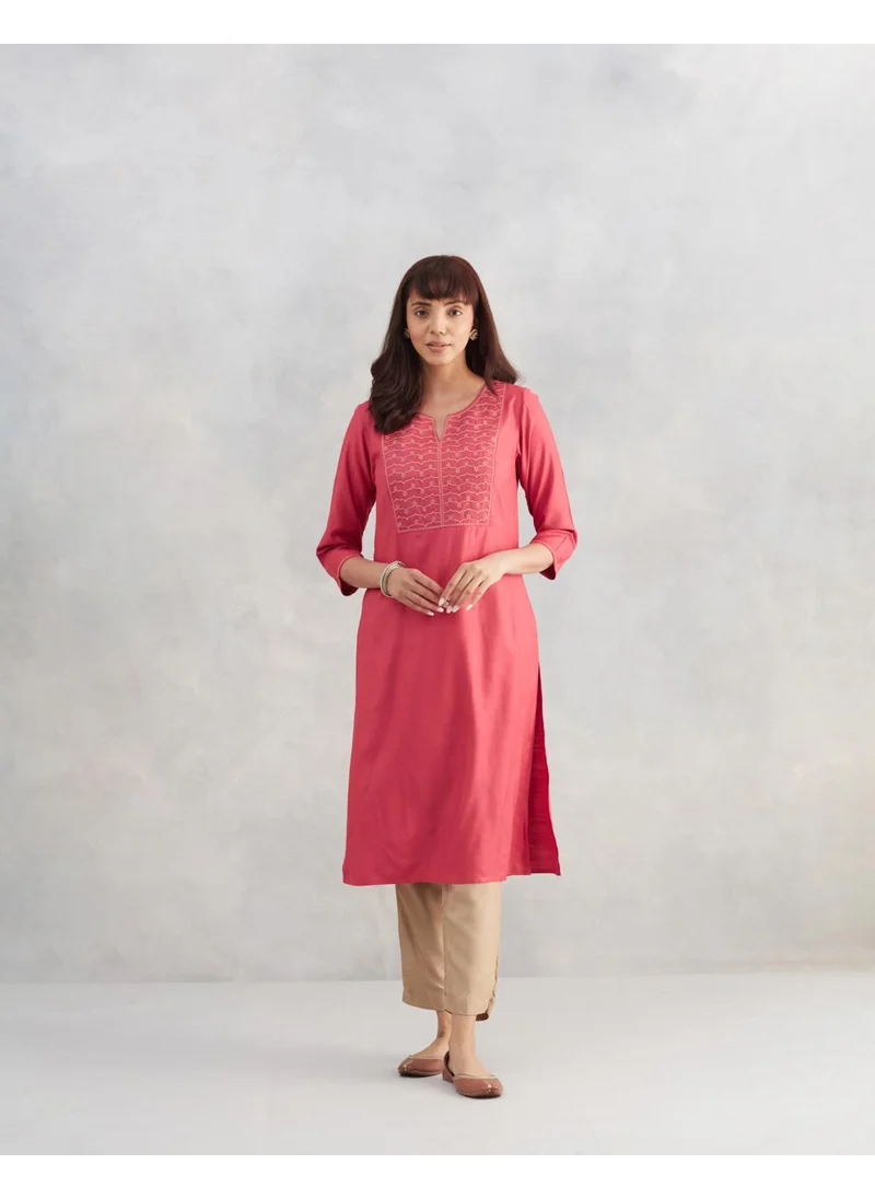 فاب انديا Pink Viscose Silk Embroidered Slim Fit Long Kurta