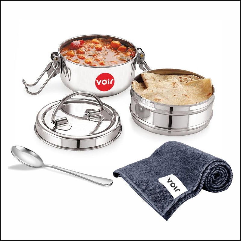 Voir Stainless Steel Lunch BoxTiffin with Locking Clip 2Tier Container 800 ml Hot Cold LeakProof Compact Durable Perfect for Office School Picnic and Travel use - Image 3