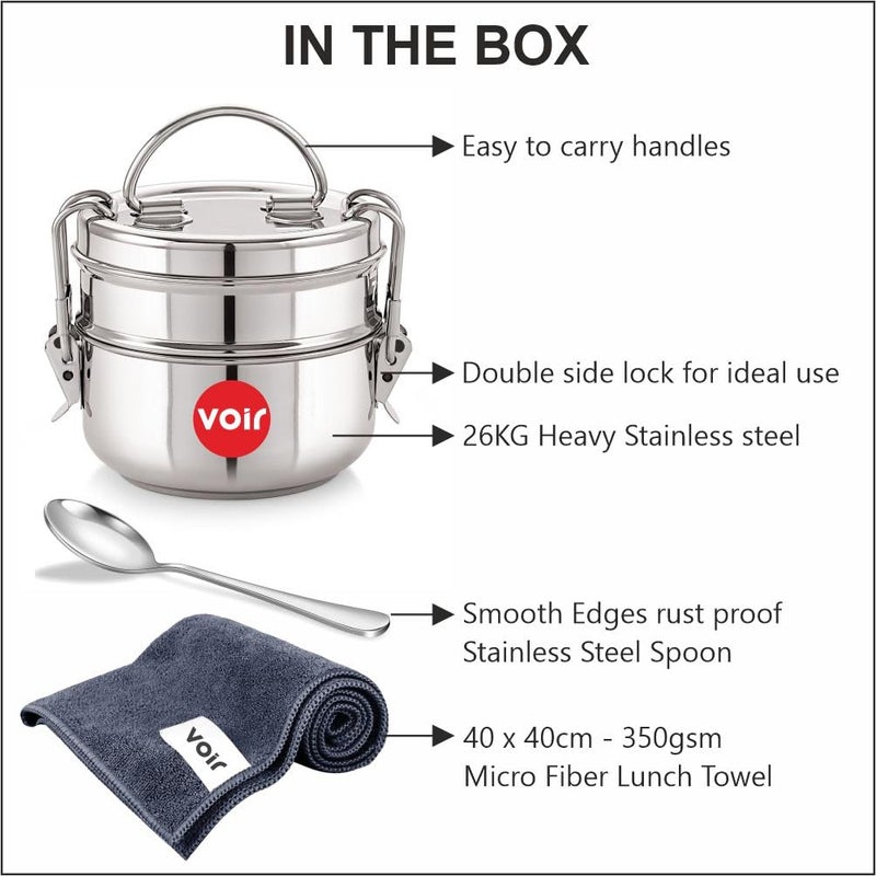Voir Stainless Steel Lunch BoxTiffin with Locking Clip 2Tier Container 800 ml Hot Cold LeakProof Compact Durable Perfect for Office School Picnic and Travel use - Image 4