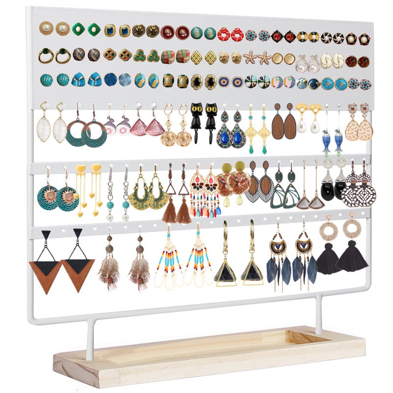 GPUSFAK Earring Holder Organizer Stand  Earrings Display Rack 144 Holes Jewelry Holder Tower with Wooden Tray for Earrings Rings White