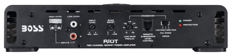 BOSS AUDIO SYSTEMS مضخم الصوت BOSS Audio Systems R1002 من سلسلة Riot - 200 واط عالي، 2 قناة، فئة A/B، مستقر عند 2/4 أوم، مدخلات مستوى منخفض/مرتفع، نطاق كامل، استخدام مع مضخم صوت فرعي - Image 4