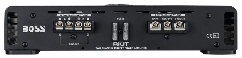 BOSS AUDIO SYSTEMS مضخم الصوت BOSS Audio Systems R1002 من سلسلة Riot - 200 واط عالي، 2 قناة، فئة A/B، مستقر عند 2/4 أوم، مدخلات مستوى منخفض/مرتفع، نطاق كامل، استخدام مع مضخم صوت فرعي - Image 3