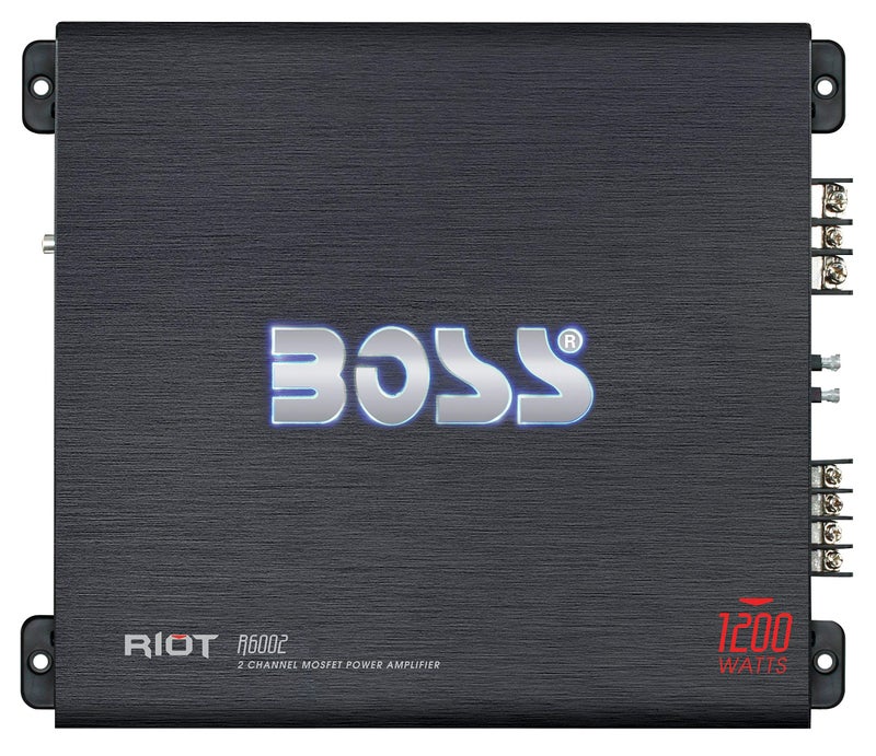 BOSS AUDIO SYSTEMS مضخم الصوت BOSS Audio Systems R1002 من سلسلة Riot - 200 واط عالي، 2 قناة، فئة A/B، مستقر عند 2/4 أوم، مدخلات مستوى منخفض/مرتفع، نطاق كامل، استخدام مع مضخم صوت فرعي - Image 1