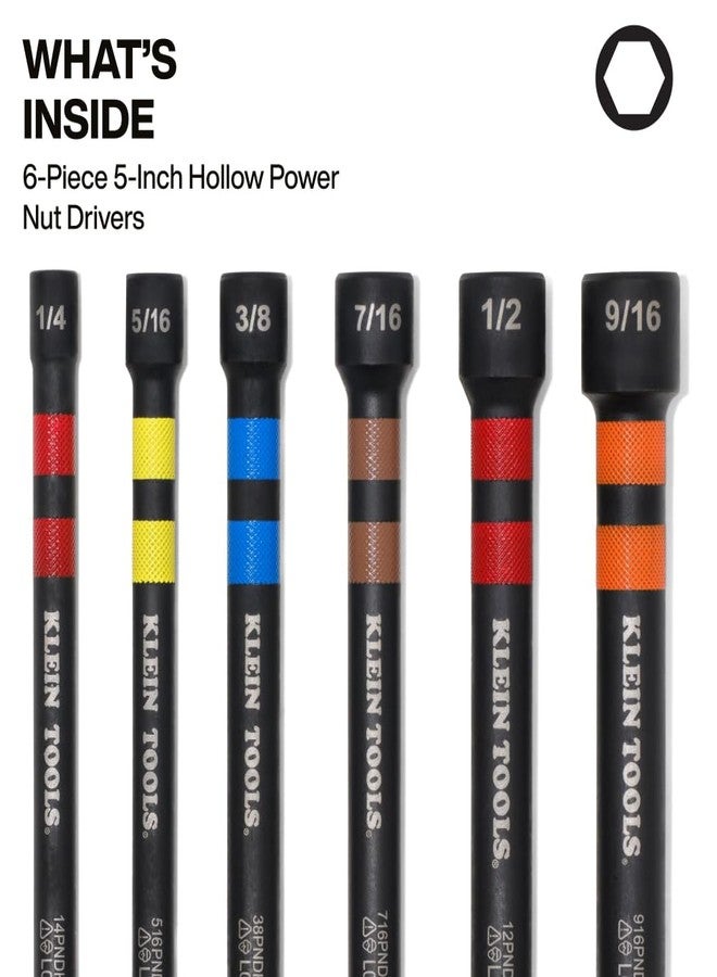 Klein Tools 32940 SAE Magnetic Hollow Impact Nut Drivers Set, 6-Piece Color Coded Hollow Power Nut Driver with Extended Reach, 6 SAE Sizes - Image 2