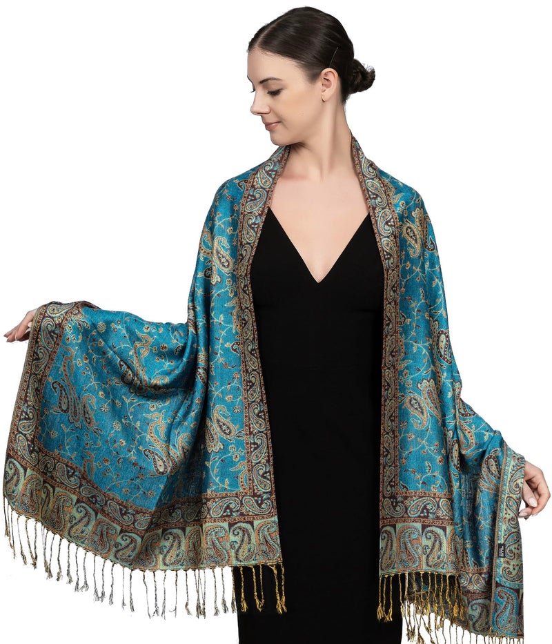 Achillea Soft Silky Reversible Paisley Pashmina Shawl Wrap Scarf w/Fringes (Teal) - Image 4