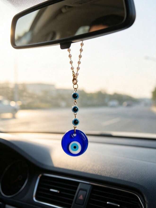 1pc Vintage Evil Eye Car Hanging Ornament, Turkish Blue Eye Teardrop Glass Rearview Mirror Pendant, Car Interior Decoration