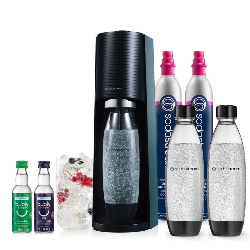 SodaStream صودا ستريم - صانع المياه الغازية تيرا | حزمة قيمة | نظام CQC CO2 | يتضمن 2x أسطوانات CO2، 3x زجاجات آمنة في غسالة الصحون سعة 32 أونصة، 2x قطرات نكهة بوبلي | دمج مع نكهات بيبسي | أسود - Image 1