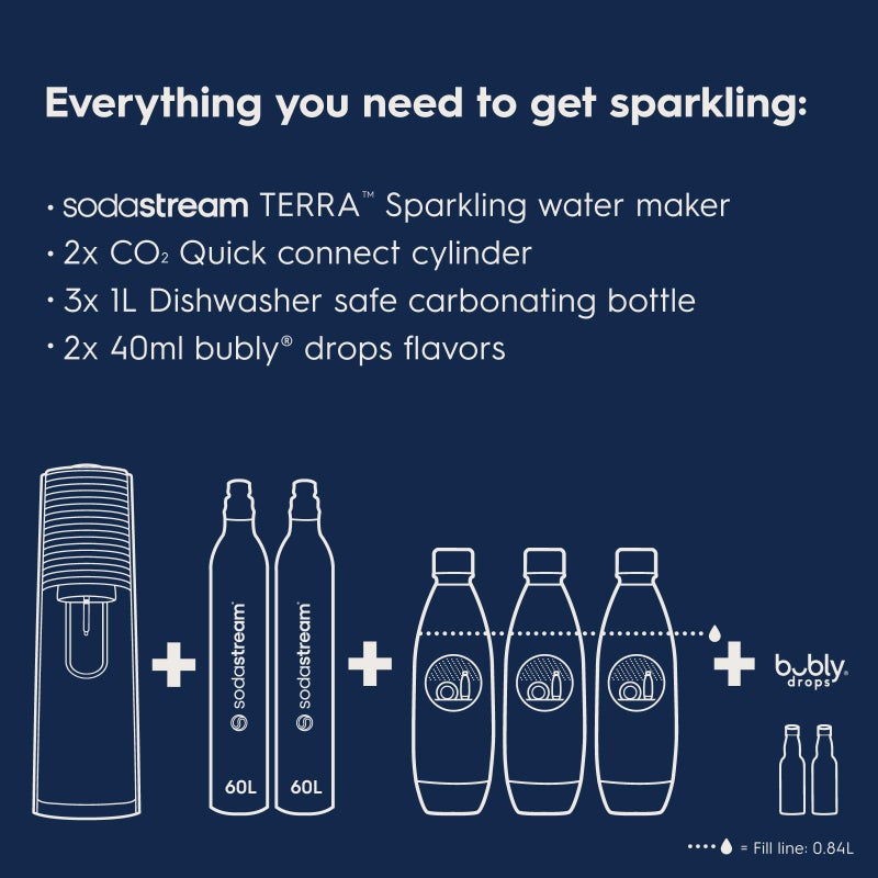 SodaStream صودا ستريم - صانع المياه الغازية تيرا | حزمة قيمة | نظام CQC CO2 | يتضمن 2x أسطوانات CO2، 3x زجاجات آمنة في غسالة الصحون سعة 32 أونصة، 2x قطرات نكهة بوبلي | دمج مع نكهات بيبسي | أسود - Image 3