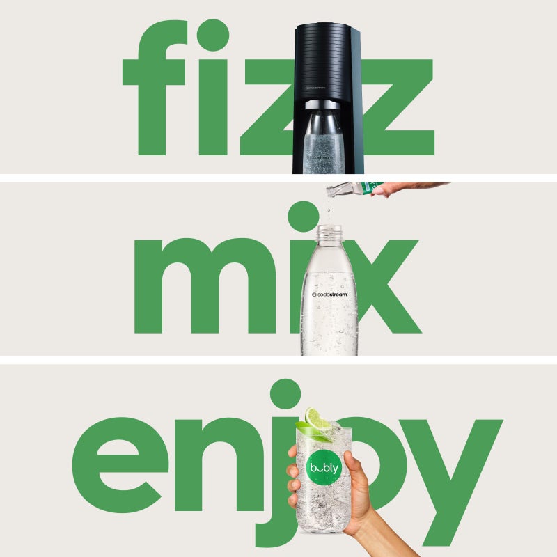SodaStream صودا ستريم - صانع المياه الغازية تيرا | حزمة قيمة | نظام CQC CO2 | يتضمن 2x أسطوانات CO2، 3x زجاجات آمنة في غسالة الصحون سعة 32 أونصة، 2x قطرات نكهة بوبلي | دمج مع نكهات بيبسي | أسود - Image 2