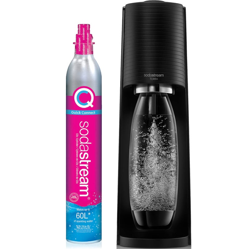 SodaStream صودا ستريم - صانع المياه الغازية تيرا | حزمة قيمة | نظام CQC CO2 | يتضمن 2x أسطوانات CO2، 3x زجاجات آمنة في غسالة الصحون سعة 32 أونصة، 2x قطرات نكهة بوبلي | دمج مع نكهات بيبسي | أسود - Image 4