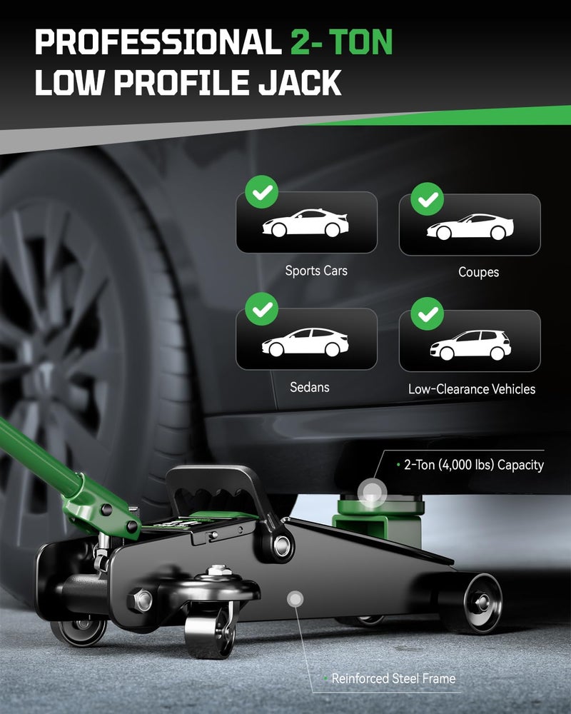 AUTOWN 2 Ton Low Profile Floor Jack - 4.9-11.8 Inch Lifting Range for Sedans & Sports Cars, Heavy Duty Hydraulic Car Jack, 4000 lbs Capacity with Non-Slip Pad & Carry Case - Image 2