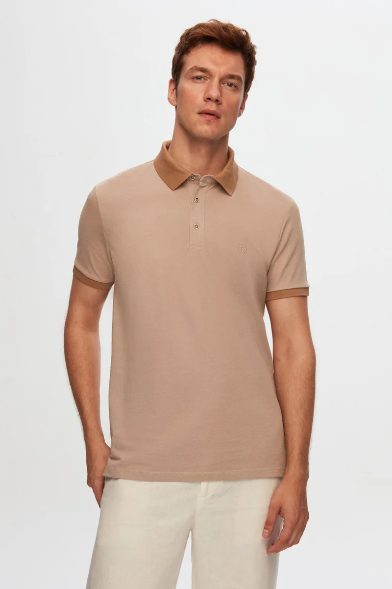 D'S DAMAT Regular Fit Beige Polo Neck Embroidered Cotton Blend T-Shirt 8HC14ORT52000