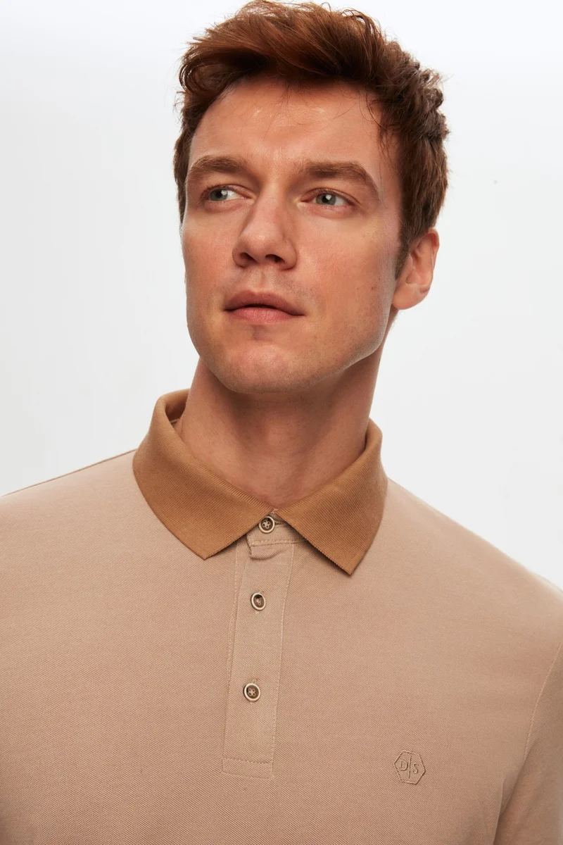 D'S DAMAT Regular Fit Beige Polo Neck Embroidered Cotton Blend T-Shirt 8HC14ORT52000
