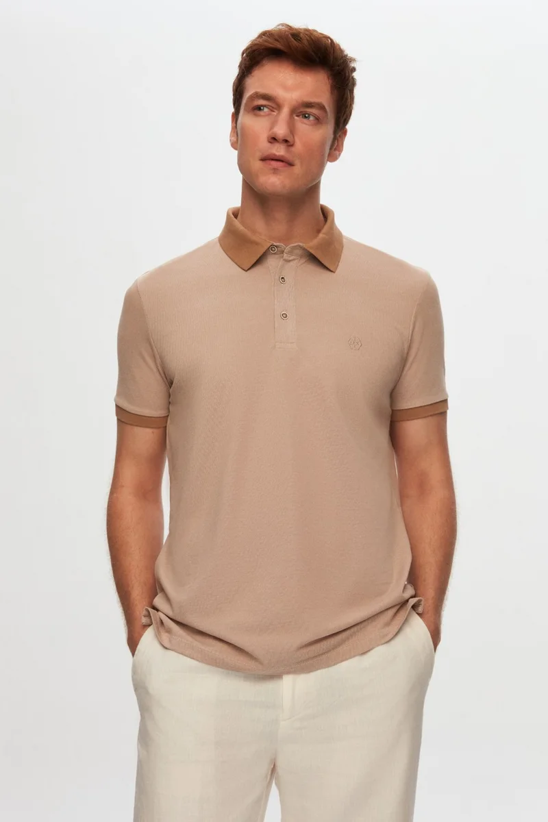 D'S DAMAT Regular Fit Beige Polo Neck Embroidered Cotton Blend T-Shirt 8HC14ORT52000