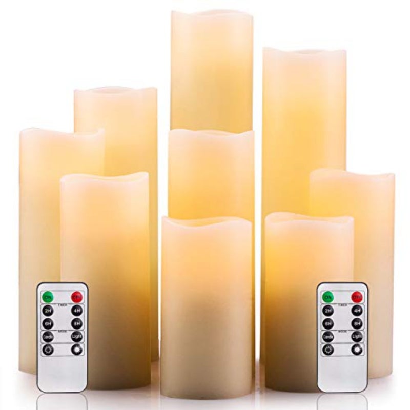 Battery Operated Candles 4"-9" Set of 9 Ivory Real Wax LED Candles with 10-Key Remote and Cycling 24 Hours Timer - Image 1