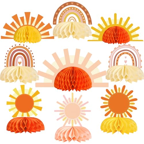 Yavxzvbw 9pcs Boho Sun Honeycomb Centerpieces First Trip Around The Sun Decorations Boho Rainbow Sunrise Party Decorations Sunshine Birthday Table Toppers for Baby Shower Supplies - Image 1