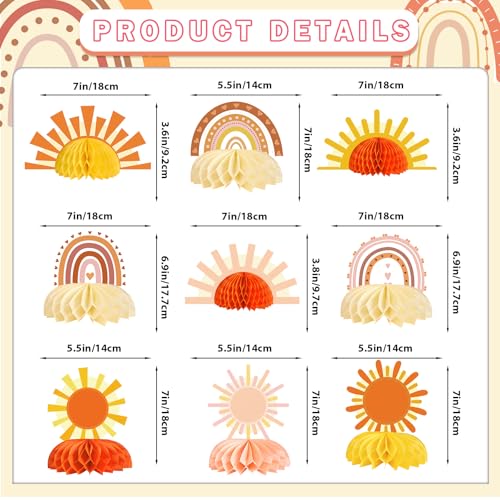 Yavxzvbw 9pcs Boho Sun Honeycomb Centerpieces First Trip Around The Sun Decorations Boho Rainbow Sunrise Party Decorations Sunshine Birthday Table Toppers for Baby Shower Supplies - Image 5