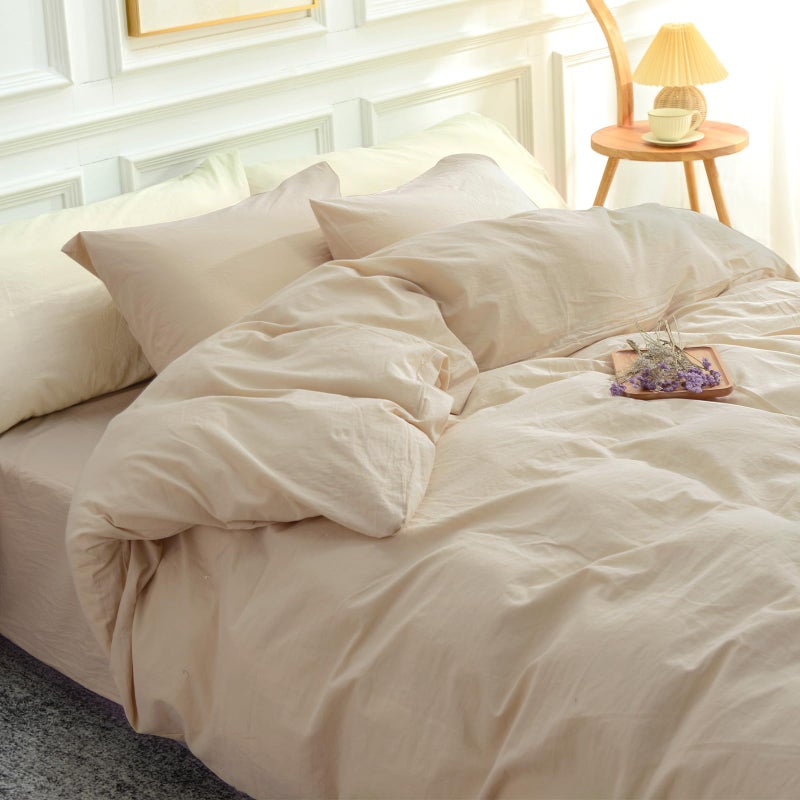 NEXHOME PRO Duvet Cover Set 100% Washed Cotton Oversized King 120""x98"" Linen Feel Textured Organic Natural 3 Pieces Bedding Set Beige Cream with Zipper Closure  Breathable and Soft (No Comforter) - Image 1