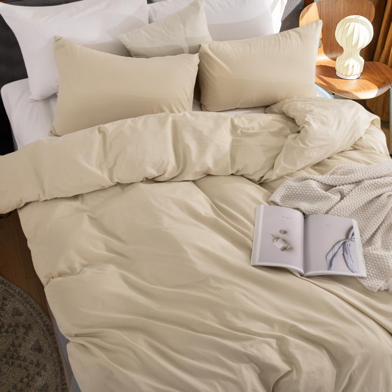 NEXHOME PRO Duvet Cover Set 100% Washed Cotton Oversized King 120""x98"" Linen Feel Textured Organic Natural 3 Pieces Bedding Set Beige Cream with Zipper Closure  Breathable and Soft (No Comforter) - Image 5