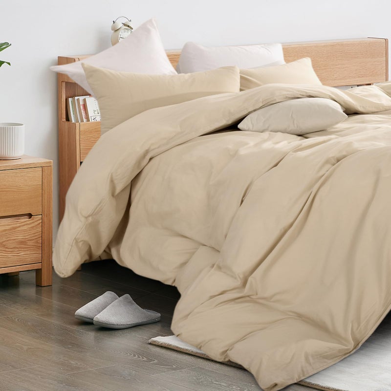NEXHOME PRO Duvet Cover Set 100% Washed Cotton Oversized King 120""x98"" Linen Feel Textured Organic Natural 3 Pieces Bedding Set Beige Cream with Zipper Closure  Breathable and Soft (No Comforter) - Image 4