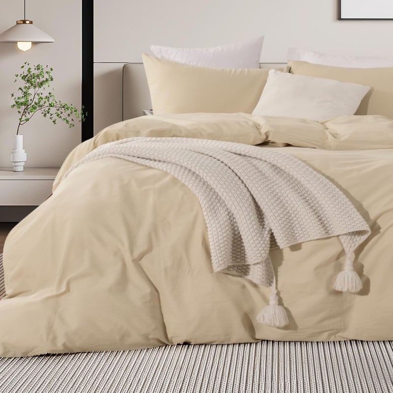 NEXHOME PRO Duvet Cover Set 100% Washed Cotton Oversized King 120""x98"" Linen Feel Textured Organic Natural 3 Pieces Bedding Set Beige Cream with Zipper Closure  Breathable and Soft (No Comforter) - Image 3