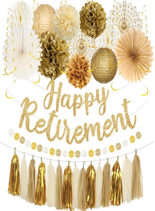 Roetyce Retirement Party Decorations Women Men, Gold Glitter Happy Retirement Banner Paper Fans Pompoms Kit, Office Retired Party Supplies for Coworker Friend, Funny Legend Has Retired Photo Backdrop - Image 1