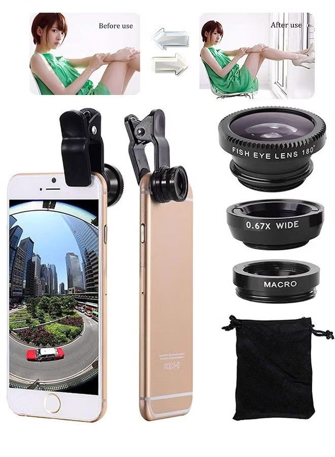 3 in 1 Phone Camera Lens Kit, Wide Angle Macro Fisheye Lens Universal for Smart Phones iPhone Samsung Android (Black) - Image 1